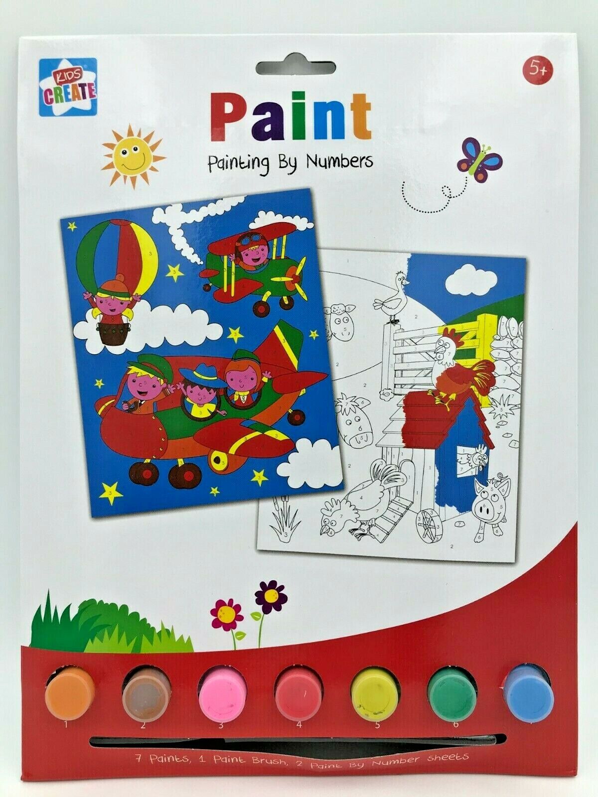 Children's Painting by Numbers - 7 Paints, 1 Paint Brush 2 Paint By Number Sheets