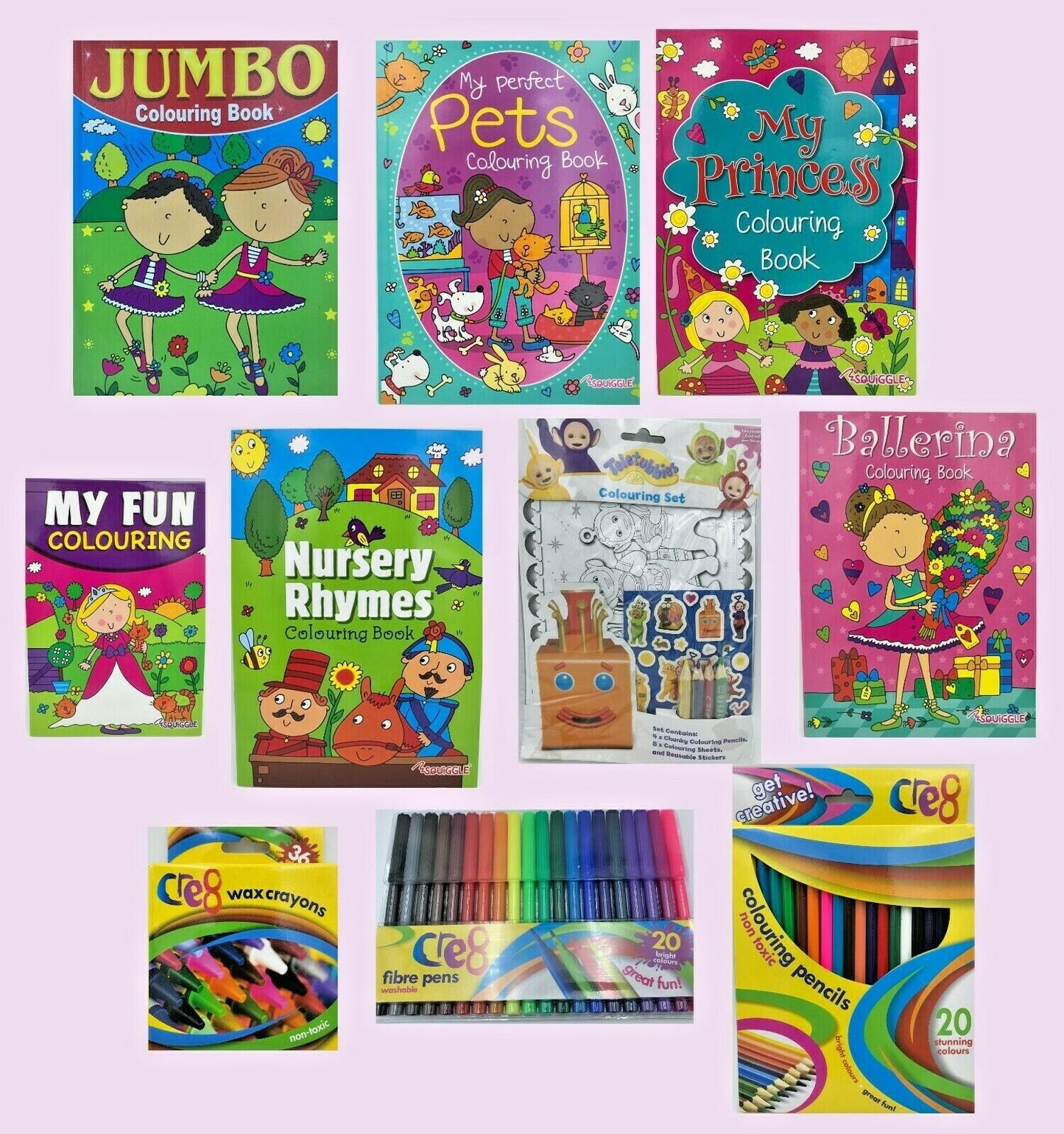 Colouring Books for Girls Princess Ballerina Teletubbies Nursery Rhymes Pencils