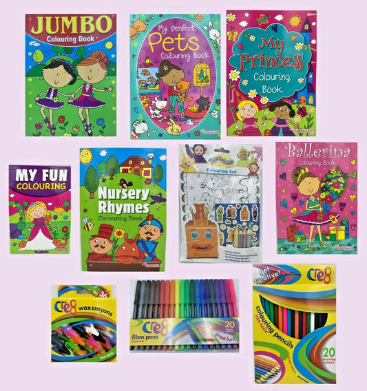 Colouring Books for Girls Princess Ballerina Teletubbies Nursery Rhymes Pencils