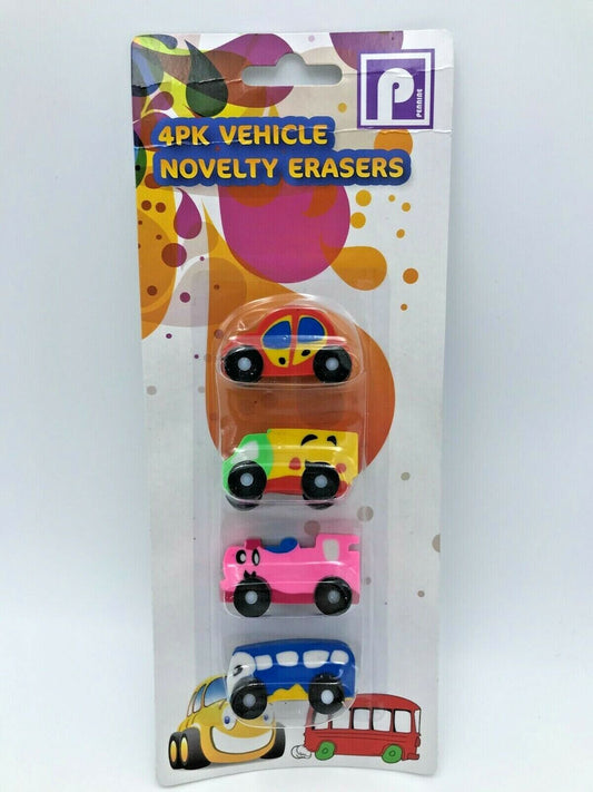 4 Pack Novelty Eraser Set - Cute multicoloured vehicles