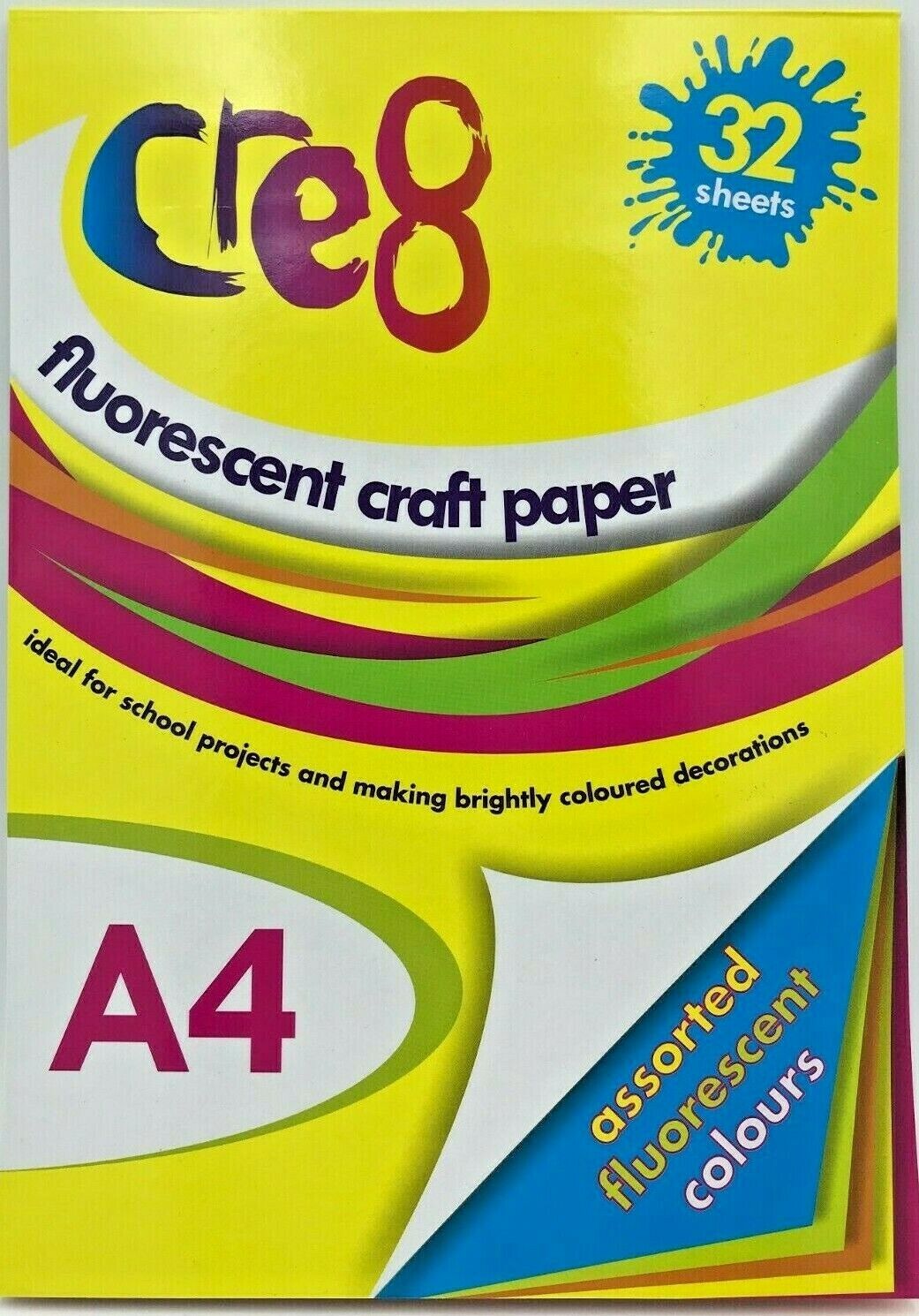 Fluorescent Paper  A4 Size 32 Sheets 8 sheets of 4 colours